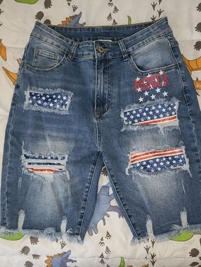Denim Patchwork 'Merica' Distressed Shorts - Stars & Stripes Like New Sz M